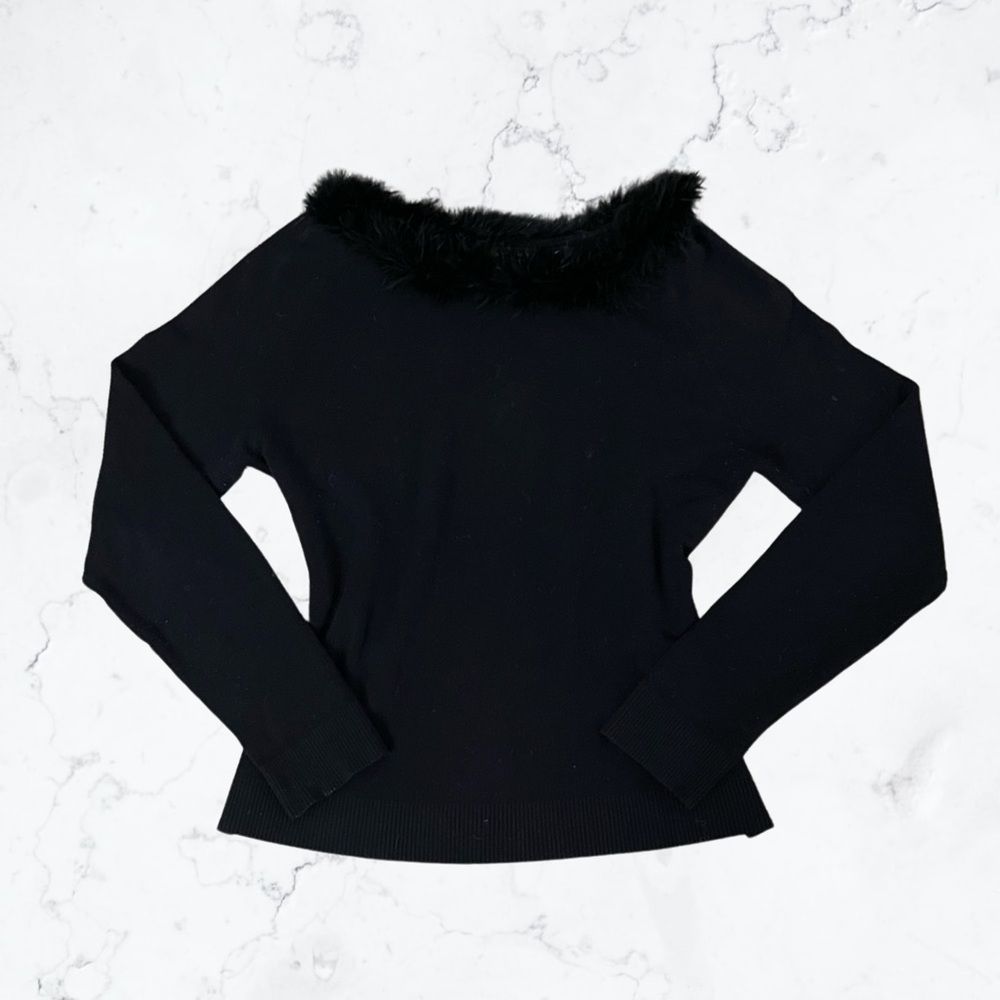 BCBG MaxAzria Fur Lined Hem Black Long Sleeve Top